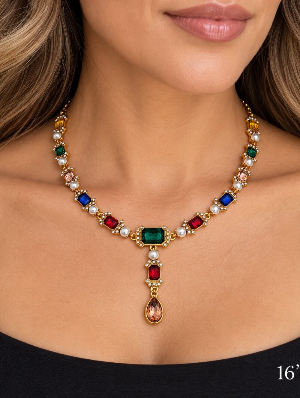 Multicolor Crystal & Pearl Statement Necklace 16"Gorgeous HX signed